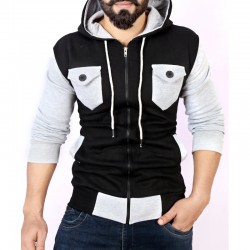 Black Grey Contrast Pocket Style Fleece Hoodie FS-2543